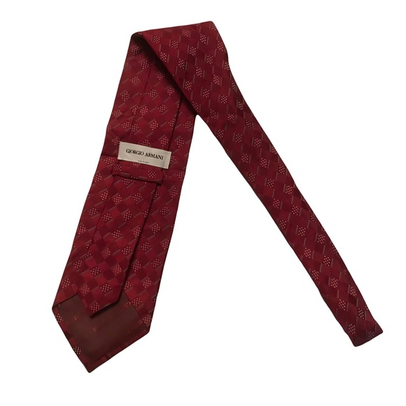 GIORGIO ARMANI square print 100% silk tie Cravette burgundy handmade in Italy - Picture 4 of 8